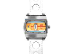 UMF Ruhla Scheibenuhr Automatik mit springender Stunde Edelstahl 41mm  Final Edition oranges Zifferblatt weißes Lederband limitiert – Herrenuhren Uhr ohne Datum aus Edelstahl und Leder. Das Gehäuse ist tonneauform und silber. Das Lederarmband ist rot. Das Zifferblatt ist digital und rot.