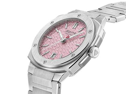 Alpina Alpiner Extreme Quartz Edelstahl 34mm rosafarbenes Zifferblatt Metallband – Damenuhren Uhr mit Datum aus Edelstahl und Kautschuk. Das Gehäuse ist rund und silber. Das Edelstahlarmband ist silber. Das Zifferblatt ist ein Index in rosa. – Ansicht 2