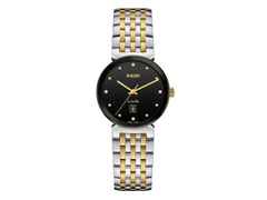 Rado Florence Classic Diamonds Quarz Edelstahl 30 mm schwarz Edelstahlband bicolor – Damenuhren Uhr mit Datum aus Edelstahl und PVD beschichtet. Das Gehäuse ist rund und silber-gelbgold. Das Edelstahlarmband ist silber-gelbgold. Das Zifferblatt ist ein Index in schwarz.