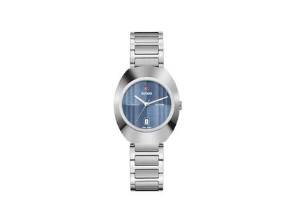 Damenuhren Uhr mit Datum aus Edelstahl und Keramik. Das Gehäuse ist oval und silber. Das Edelstahlarmband ist silber. Das Zifferblatt ist ohne Zeichen und blau.