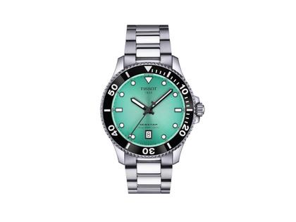 Tissot Seastar 1000 Quarz Edelstahl 40mm türkises Zifferblatt Metallband – Herrenuhren Uhr mit Datum aus Edelstahl. Das Gehäuse ist rund und silber. Das Edelstahlarmband ist silber. Das Zifferblatt ist ein Index in türkis.