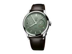Oris Artelier Calibre 113 Handaufzug Edelstahl 43mm grünes Zifferblatt braunes Lederband – Herrenuhren Uhr mit Kalender aus Edelstahl und Leder. Das Gehäuse ist rund und silber. Das Lederarmband ist braun. Das Zifferblatt ist ein Index in grün.