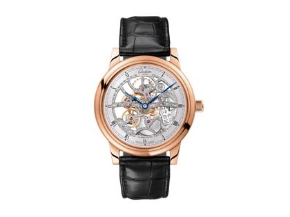 Herrenuhren Uhr ohne Datum aus 750 Rotgold. Das Armband ist ein Lederarmband Kroko / Alligator. Der Zifferblatt ist römisch.