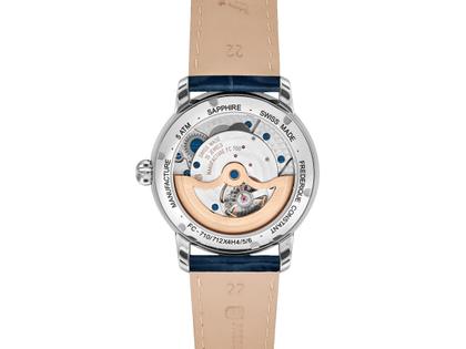 Frederique Constant Classics Moonphase Manufacture Automatik Edelstahl 42mm silberfarbenes Zifferblatt blaues Lederband – Herrenuhren Uhr mit Datum aus Edelstahl und Leder. Das Gehäuse ist rund und silber. Das Lederarmband ist schwarz. Das Zifferblatt ist römisch und silber. – Ansicht 2