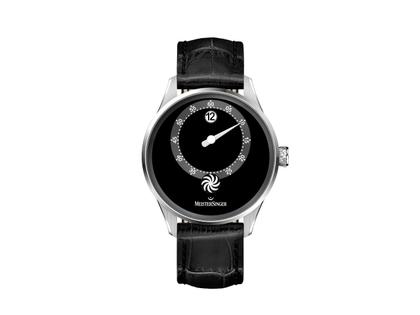 MeisterSinger Panthero Jumping Hour Automatik Edelstahl 40,5mm schwarzes Zifferblatt schwarzes Lederband – Herrenuhren Uhr mit Datum aus Edelstahl und Leder. Das Gehäuse ist rund und silber. Das Lederarmband ist schwarz. Das Zifferblatt ist arabisch Index und schwarz.