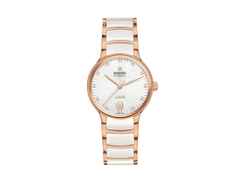 Rado Centrix Diamonds Automatik Edelstahl Roségold-PVD 35mm weißes Zifferblatt mit Brillanten Metallband – Damenuhren Uhr mit Datum aus Edelstahl, Keramik und PVD beschichtet. Das Gehäuse ist rund und roségold. Das Keramikarmband ist weiß. Das Zifferblatt ist ein Index in weiß.