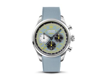 Union Glashütte Belisar Chronograph Speedster 2025 Limited Edition Automatik Edelstahl 44mm blaues Zifferblatt blaues Kautschukband – Herrenuhren Chronograph aus Edelstahl und Kautschuk. Das Gehäuse ist rund und silber. Das Kautschuk / Kunststoff / Silikon Armband ist blau. Das Zifferblatt ist arabisch und blau. – Ansicht 2
