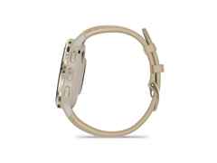 Garmin Venu 3S faserverstärktes Polymer French Grey 41mm beigefarbenes Lederband – Herrenuhren Uhr Multifunktion aus Edelstahl, Kautschuk, Kunststoff, Leder und PVD beschichtet. Das Gehäuse ist rund und beige. Das Lederarmband ist beige. Das Zifferblatt ist digital und schwarz. – Ansicht 2