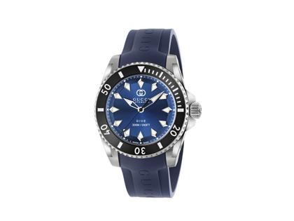 Herrenuhren Uhr ohne Datum aus Edelstahl und Keramik. Das Gehäuse ist rund und silber. Das Kautschuk / Kunststoff / Silikon Armband ist blau. Das Zifferblatt ist ein Index in blau.