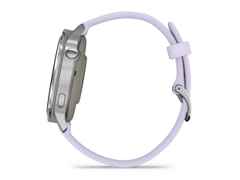 Garmin Venu 4 Quarz Edelstahl und Polymer 41mm digitales Zifferblatt violettes Silikonband – Herrenuhren Uhr Multifunktion aus Edelstahl und Faserverstärktes Polymer. Das Gehäuse ist rund und silber. Das Kautschuk / Kunststoff / Silikon Armband ist lila. Das Zifferblatt ist digital und schwarz. – Ansicht 4