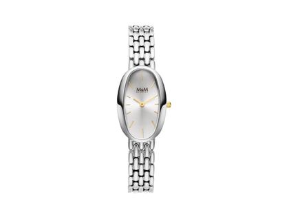 M&M Ring-O Retro Quarz Edelstahl 34x22mm silbernes Zifferblatt Metallband – Damenuhren Uhr ohne Datum aus Edelstahl. Das Gehäuse ist oval und silber. Das Edelstahlarmband ist silber. Das Zifferblatt ist ein Index in silber.