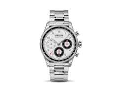 Union Glashütte Belisar Chronograph Automatik Edelstahl 40mm weißes Zifferblatt Metallband – Herrenuhren Chronograph aus Edelstahl. Das Gehäuse ist rund und silber. Das Edelstahlarmband ist silber. Das Zifferblatt ist arabisch Index und weiß.