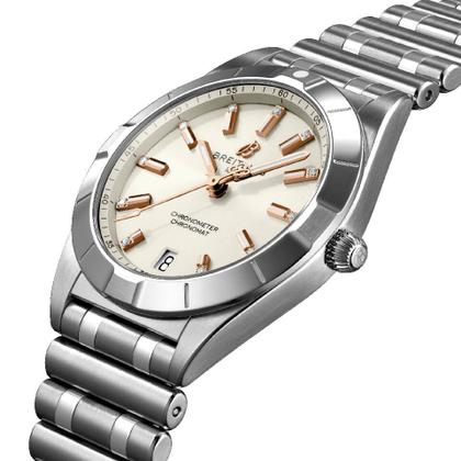 Breitling Chronomat 32 Quarz Edelstahl weißes Zifferblatt mit Brillanten Metallband – Damenuhren Uhr mit Datum aus Edelstahl. Das Gehäuse ist rund und silber. Das Edelstahlarmband ist silber. Das Zifferblatt ist ein Index in weiß. – Ansicht 3