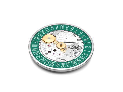 Nomos Glashütte Tangente 38 Datum "175 Years Watchmaking - Schlossgrün" Handaufzug Edelstahl grünes Zifferblatt graues Textilband Glasboden – Herrenuhren Uhr mit Datum aus Edelstahl. Das Gehäuse ist rund und silber. Das Textilarmband ist grau. Das Zifferblatt ist arabisch Index und grün. – Ansicht 8