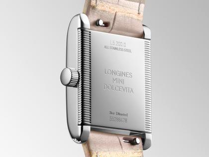 Longines DolceVita   Mini Quarz Edelstahl 22x29mm Brillantbesatz pinkes Zifferblatt pinkes Lederband – Damenuhren Uhr ohne Datum aus Edelstahl, Leder und vergoldet. Das Gehäuse ist rechteckig und silber. Das Lederarmband Kroko / Alligator ist pink. Das Zifferblatt ist römisch und pink. – Ansicht 4