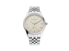 Frederique Constant Classics Automatik Edelstahl 39mm beiges Zifferblatt Metallband – Herrenuhren Uhr ohne Datum aus Edelstahl. Das Gehäuse ist rund und silber. Das Edelstahlarmband ist silber. Das Zifferblatt ist ein Index in beige.