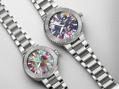 Oris Aquis Date Upcycle Automatik Edelstahl 41,5mm mehrfarbiges Zifferblatt Metallband – Herrenuhren Uhr mit Datum aus Edelstahl und Keramik. Das Gehäuse ist rund und silber. Das Edelstahlarmband ist silber. Der Zifferblatt ist ein Index. – Ansicht 4