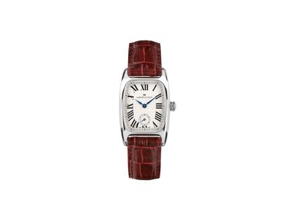 Hamilton American Classic Boulton Small Second Quartz Edelstahl 24x27mm weißes Zifferblatt braunes Lederband – Herrenuhren Uhr ohne Datum aus Edelstahl. Das Gehäuse ist rechteckig und silber. Das Lederarmband ist braun. Das Zifferblatt ist römisch und weiß.