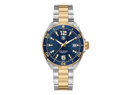 TAG Heuer Formula 1 Quarz Edelstahl 41mm blaues Zifferblatt Metallband – Herrenuhren Uhr mit Datum aus 750 Gelbgold und Edelstahl. Das Gehäuse ist rund und silber. Das Edelstahlarmband ist silber-gelbgold. Das Zifferblatt ist arabisch Index und blau.