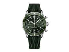 Breitling Superocean Heritage B01 Chronograph Automatik Edelstahl 42mm grünes Zifferblatt grünes Kautschukband – Herrenuhren Chronograph aus Edelstahl, Kautschuk und Keramik. Das Gehäuse ist rund und silber. Das Kautschuk / Kunststoff / Silikon Armband ist grün. Das Zifferblatt ist ein Index in grün.