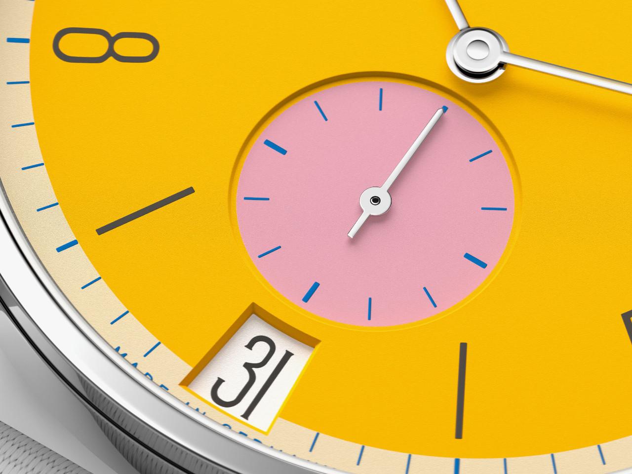 Nomos Glashütte Tangente 38 Datum "175 Years Watchmaking - Katzengold" Handaufzug Edelstahl gelbes Zifferblatt graues Textilband Glasboden – Herrenuhren Uhr mit Datum aus Edelstahl. Das Gehäuse ist rund und silber. Das Textilarmband ist grau. Das Zifferblatt ist arabisch Index und gelb. – Ansicht 5