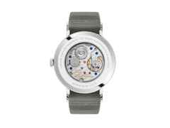 Nomos Glashütte Tangente 38 Datum "175 Years Watchmaking - Dunkelbunt" Handaufzug Edelstahl schwarzes Zifferblatt graues Textilband Glasboden – Herrenuhren Uhr mit Datum aus Edelstahl. Das Gehäuse ist rund und silber. Das Textilarmband ist grau. Das Zifferblatt ist arabisch Index und schwarz. – Ansicht 2