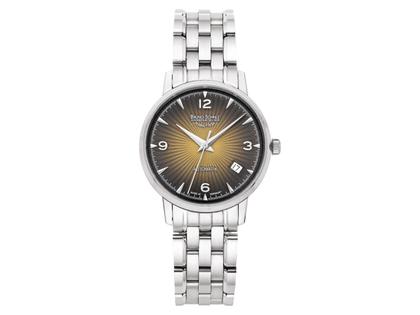 Bruno Söhnle Glashütte Stuttgart II Small Automatik Edelstahl 36mm braunes Zifferblatt Metallband – Herrenuhren Uhr mit Datum aus Edelstahl und Leder. Das Gehäuse ist rund und silber. Das Edelstahlarmband ist silber. Das Zifferblatt ist arabisch Index und braun.