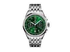 Breitling Premier B01 Chronograph 42 Automatik Edelstahl grünes Zifferblatt Metallband – Herrenuhren Chronograph aus Edelstahl. Das Gehäuse ist rund und silber. Das Edelstahlarmband ist silber. Das Zifferblatt ist arabisch und grün.