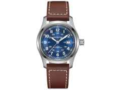 Hamilton Khaki Field Automatik Edelstahl 42mm blaues Zifferblatt braunes Lederband – Herrenuhren Uhr ohne Datum aus Edelstahl und Leder. Das Gehäuse ist rund und silber. Das Lederarmband ist braun. Das Zifferblatt ist arabisch und blau.