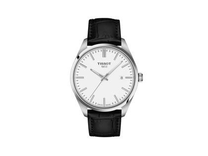 Tissot PR 100 Quarz Edelstahl 40mm weißes Zifferblatt schwarzes Lederband – Herrenuhren Uhr mit Datum aus Edelstahl und Leder. Das Gehäuse ist rund und silber. Das Lederarmband ist schwarz. Das Zifferblatt ist ein Index in weiß.