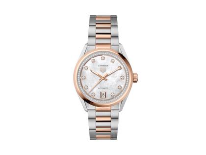 Damenuhren Uhr mit Datum aus 750 Rotgold und Edelstahl. Das Gehäuse ist rund und silber-roségold. Das Edelstahlarmband mit Gold ist silber-roségold. Das Zifferblatt ist ein Index in weiß.