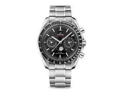 Omega Speedmaster Mondphase Automatik Edelstahl 44mm schwarzes Zifferblatt Metallband – Herrenuhren Chronograph aus Edelstahl und Keramik. Das Gehäuse ist rund und silber. Das Edelstahlarmband ist silber. Das Zifferblatt ist ein Index in schwarz.