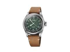 Oris Big Crown X Cervo Volante Automatik Edelstahl 38mm grünes Zifferblatt braunes Lederband – Herrenuhren Uhr mit Datum aus Edelstahl. Das Gehäuse ist rund und silber. Das Lederarmband ist braun. Das Zifferblatt ist arabisch und grün.