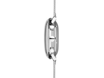 Junghans Max Bill Chronoscope Automatik Edelstahl 40mm silbernes Zifferblatt Metallband – Herrenuhren Chronograph aus Edelstahl. Das Gehäuse ist rund und silber. Das Metallarmband ist silber. Das Zifferblatt ist arabisch Index und silber. – Ansicht 2