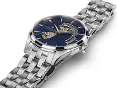 Hamilton Jazzmaster Open Heart Automatik Edelstahl 42mm blaues Zifferblatt Metallband – Herrenuhren Uhr ohne Datum aus Edelstahl. Das Gehäuse ist rund und silber. Das Edelstahlarmband ist silber. Das Zifferblatt ist ein Index in blau. – Ansicht 2