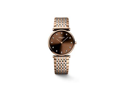 Longines La Grande Classique Quarz Edelstahl 29mm braunes Zifferblatt mit Diamanten Metallband – Damenuhren Uhr ohne Datum aus Edelstahl und PVD beschichtet. Das Gehäuse ist rund und roségold. Das Edelstahlarmband ist silber-gelbgold. Das Zifferblatt ist ein Index in braun.