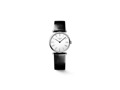 Longines La Grande Classique Quarz Edelstahl 24mm weißes Zifferblatt schwarzes Lederband – Damenuhren Uhr ohne Datum aus Edelstahl. Das Armband ist ein Lederarmband. Der Zifferblatt ist römisch.