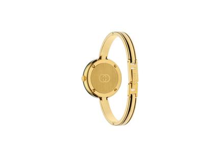 Gucci Play Quarz Edelstahl Gelbgold-PVD 28mm weißes Zifferblatt goldfarbene Armspange – Damenuhren Uhr ohne Datum aus Edelstahl, Keramik und PVD beschichtet. Das Gehäuse ist rund und gelbgold. Das Edelstahlarmband ist gelbgold. Das Zifferblatt ist ein Index in weiß. – Ansicht 2