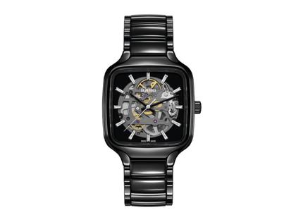 Rado True Square Skeleton Automatik Keramik 38mm skelettiertes Zifferblatt schwarzes Keramikband – Herrenuhren Uhr ohne Datum aus Keramik, PVD beschichtet und Titan. Das Gehäuse ist quadratisch und schwarz. Das Keramikarmband ist schwarz. Das Zifferblatt ist skelettiert und schwarz.