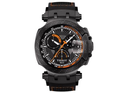 Tissot T-Race MotoGP             2018 Chronograph Limited Edition Marc Marquez Quarz – Herrenuhren Chronograph aus Edelstahl und PVD beschichtet. Das Gehäuse ist rund und schwarz. Das Kautschuk / Kunststoff / Silikon Armband ist schwarz. Das Zifferblatt ist ein Index in schwarz. – Ansicht 2
