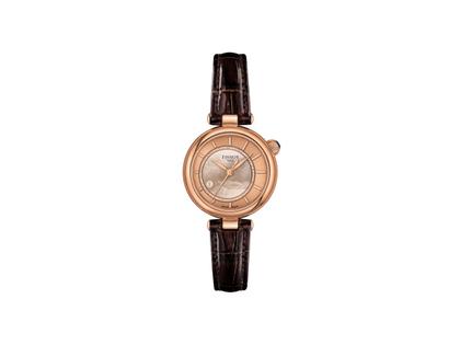 Tissot Desir Automatik Edelstahl Roségold-PVD 28mm roségoldfarbenes Perlmutt-Zifferblatt braunes Lederband – Damenuhren Uhr mit Datum aus Edelstahl, Leder und PVD beschichtet. Das Gehäuse ist rund und roségold. Das Lederarmband ist braun. Das Zifferblatt ist ein Index in roségold.