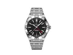 Breitling Chronomat Automatic GMT 40 Edelstahl schwarzes Zifferblatt Metallband – Herrenuhren Uhr mit Datum aus Edelstahl. Das Gehäuse ist rund und silber. Das Edelstahlarmband ist silber. Das Zifferblatt ist ein Index in schwarz.