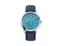 Frederique Constant Manufacture Classic Perpetual Calendar Automatik Edelstahl 40mm türkises Zifferblatt blaues Lederband limitiert – Herrenuhren Uhr mit Kalender aus Edelstahl und Leder. Das Gehäuse ist rund und silber. Das Lederarmband Kroko / Alligator ist blau. Das Zifferblatt ist ein Index in türkis.
