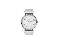 Nomos Glashütte Ludwig 35 Handaufzug Edelstahl weißes Zifferblatt Metallband Glasboden – Herrenuhren Uhr ohne Datum aus Edelstahl und Leder. Das Gehäuse ist rund und silber. Das Edelstahlarmband ist silber. Das Zifferblatt ist römisch Index und silber.