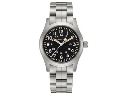 Hamilton Khaki Field Mechanical Handaufzug Edelstahl 42mm schwarzes Zifferblatt Metallband – Herrenuhren Uhr ohne Datum aus Edelstahl. Das Gehäuse ist rund und silber. Das Edelstahlarmband ist silber. Das Zifferblatt ist arabisch und schwarz.