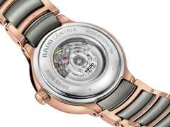 Rado Centrix Diamonds Automatik Edelstahl Roségold-PVD 30,5mm weißes Zifferblatt mit Brillanten Metallband – Damenuhren Uhr mit Datum aus Edelstahl, Keramik und PVD beschichtet. Das Gehäuse ist rund und roségold. Das Keramikarmband ist grau. Das Zifferblatt ist ein Index in weiß. – Ansicht 4