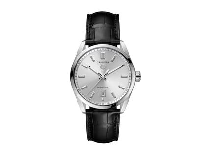 Herrenuhren Uhr mit Datum aus Edelstahl. Das Gehäuse ist rund und silber. Das Lederarmband Kroko / Alligator ist schwarz. Das Zifferblatt ist ein Index in silber.