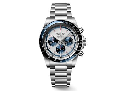 Herrenuhren Chronograph aus Edelstahl und Keramik. Das Gehäuse ist rund und silber. Das Edelstahlarmband ist silber. Das Zifferblatt ist ein Index in weiß.
