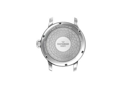 MeisterSinger No 01  Elfenbein Milanaiseband – Herrenuhren Uhr ohne Datum aus Edelstahl. Das Gehäuse ist rund und silber. Das Edelstahlarmband ist silber. Das Zifferblatt ist arabisch und beige. – Ansicht 3