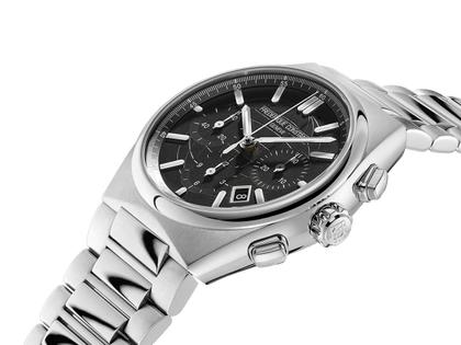 Frederique Constant Highlife Chronograph Automatic Edelstahl 41mm schwarzes Zifferblatt Metallband und Kautschukband – Herrenuhren Chronograph aus Edelstahl. Das Gehäuse ist rund und silber. Das Edelstahlarmband ist silber. Das Zifferblatt ist ein Index in schwarz. – Ansicht 3